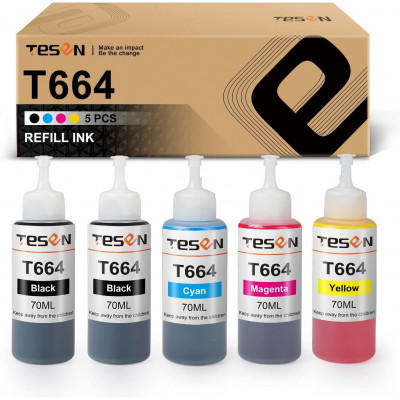 TESEN Compatible T664XL Refill Ink Bottle Replacement for Epson 664 XL T664 5-Pack Color